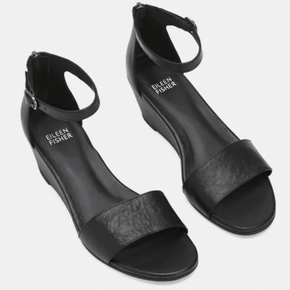 Eileen Fisher Black Leather Ankle-Strap Wedge Sandals